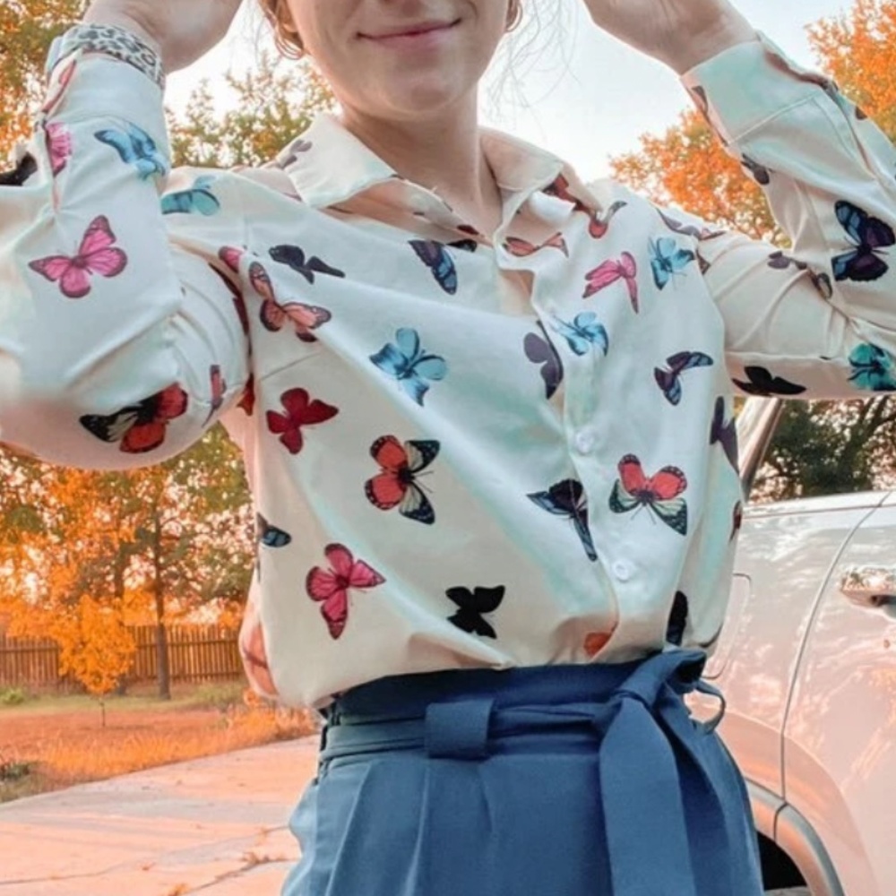021 Boho Butterfly Print Button down Top Work Office - Picture 1 of 8